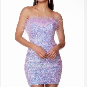 Alyce Paris Lavender Sequin Feather Strapless Mini Dress